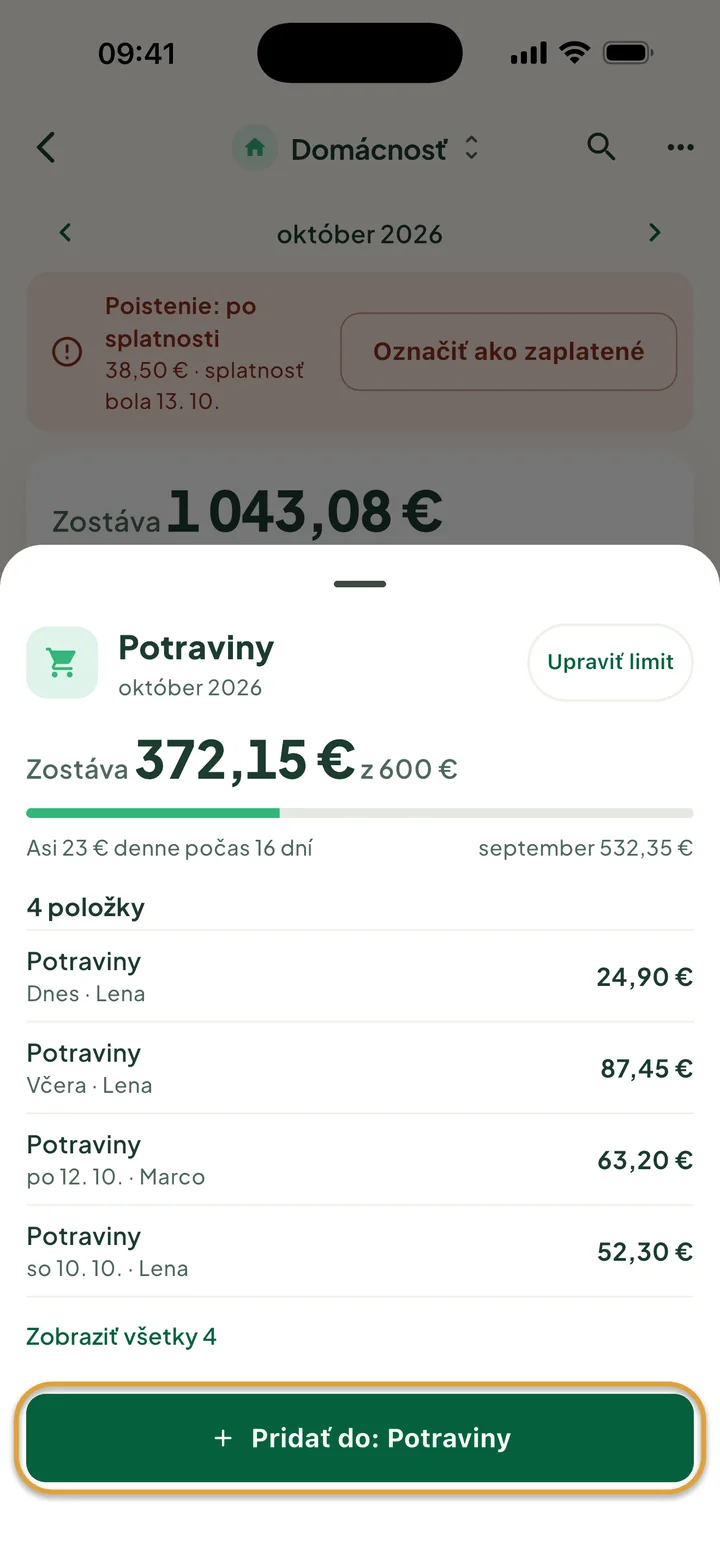 Karta Potraviny: zostáva 372,15 € z 600 € a štyri položky. Tlačidlo Pridať do: Potraviny je zakrúžkované.
