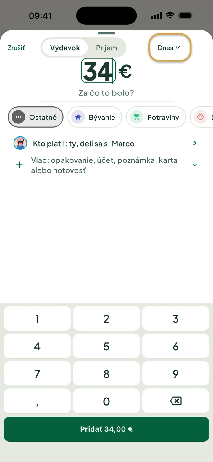 Pridávanie výdavku 34 € na číselnej klávesnici. Tlačidlo Dnes hore je zakrúžkované.