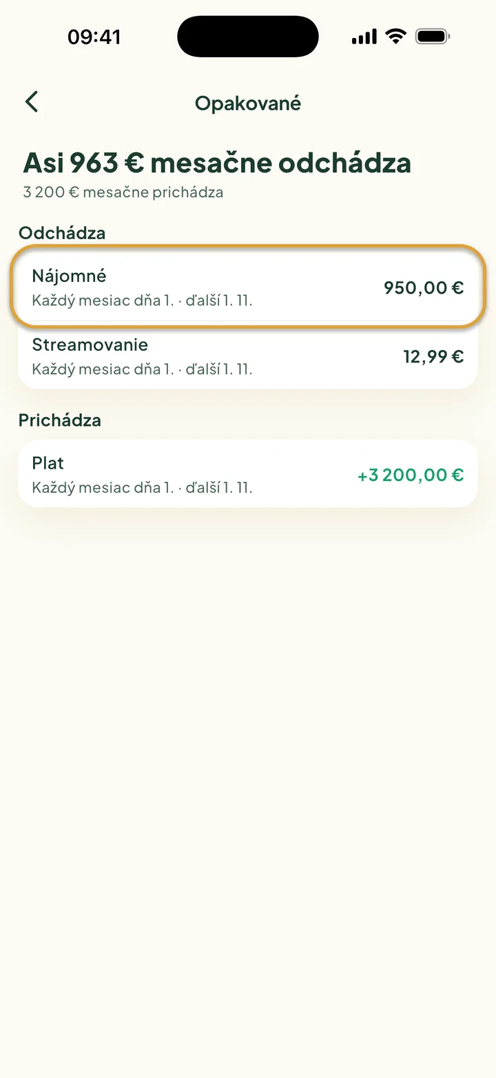 Obrazovka Opakované: mesačne odchádza asi 963 €, prichádza 3 200 €. Nájomné je zakrúžkované.