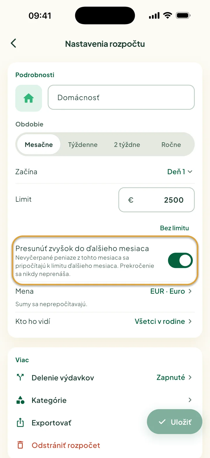 Nastavenia rozpočtu so zapnutým prepínačom Presunúť zvyšok do ďalšieho mesiaca. Prepínač je zakrúžkovaný.