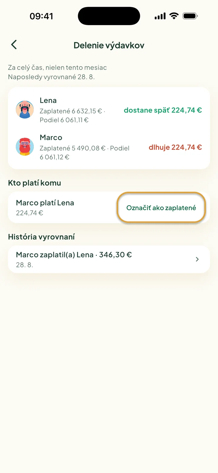 Obrazovka Delenie výdavkov. Marco platí Lene 224,74 €. Tlačidlo Označiť ako zaplatené je zakrúžkované.