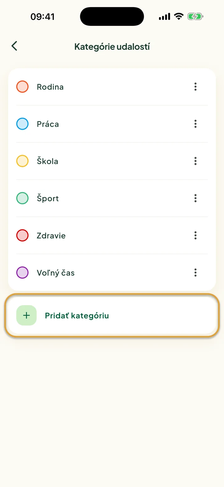 Obrazovka Kategórie udalostí so šiestimi kategóriami. Zakrúžkovaný je riadok Pridať kategóriu.