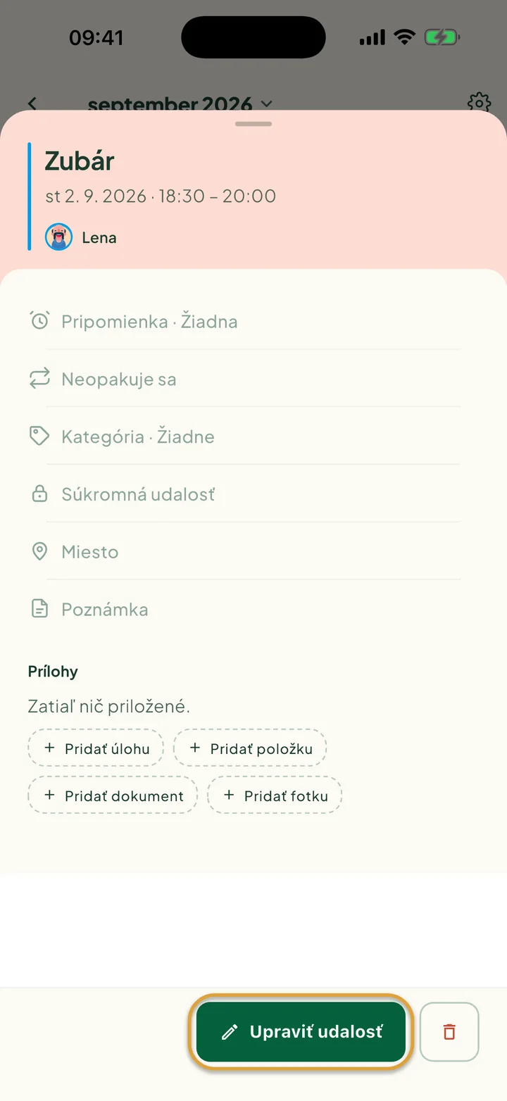 Udalosť otvorená z kalendára. Zakrúžkované je tlačidlo Upraviť udalosť, vedľa neho tlačidlo na vymazanie.