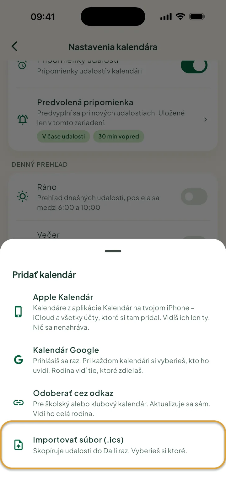 Okno Pridať kalendár v nastaveniach kalendára. Zakrúžkované je Importovať súbor (.ics).
