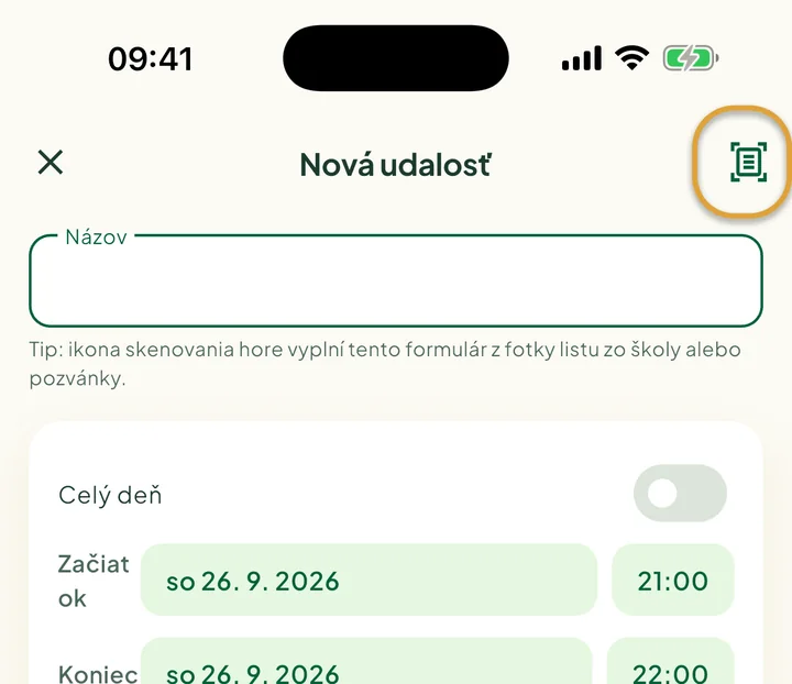 Obrazovka Nová udalosť. Ikona skenovania vpravo hore je zakrúžkovaná.