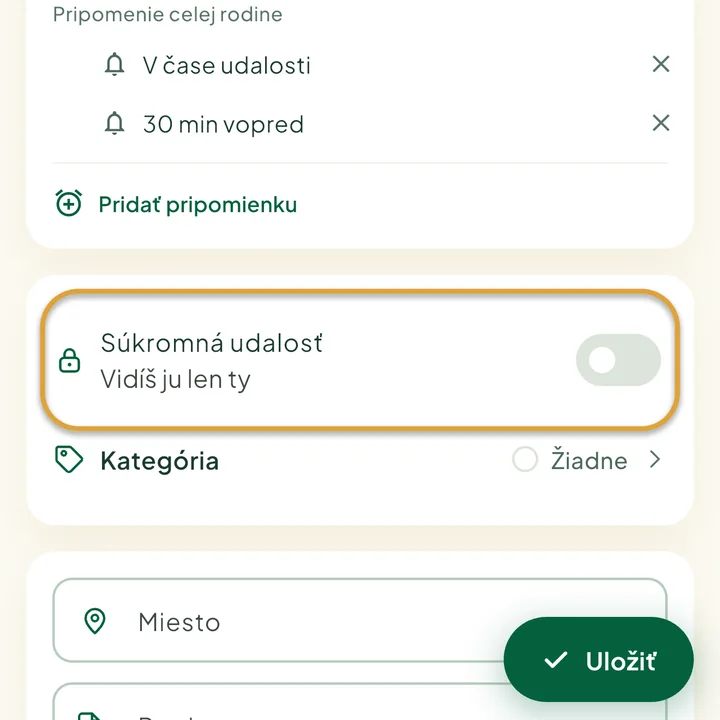 Formulár udalosti. Zakrúžkovaný je prepínač Súkromná udalosť.