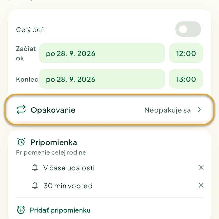 Formulár novej udalosti. Zakrúžkovaný je riadok Opakovanie.