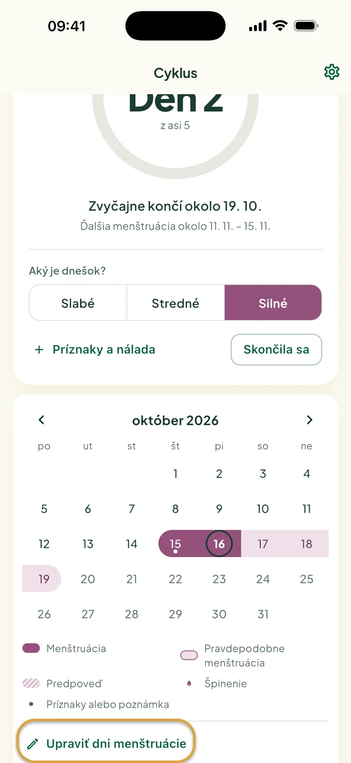 Mesiac v Cykle na 2. dni menštruácie: pás 15. – 16. 10., po ňom jemné dni a dnešok v krúžku. Zakrúžkované je Upraviť dni menštruácie.