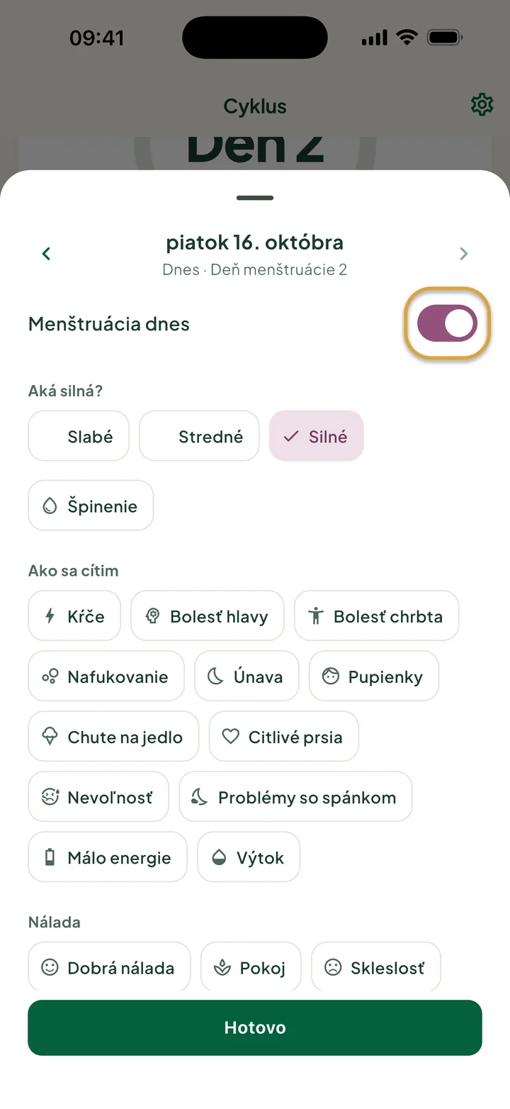 Panel dňa piatok 16. októbra: Menštruácia dnes je zapnutá a vybraté je Silné. Zakrúžkovaný je prepínač.