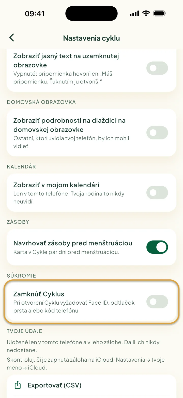 Nastavenia cyklu so Zobraziť v mojom kalendári, prepínačom zásob a Exportovať (CSV). Zakrúžkované je Zamknúť Cyklus.