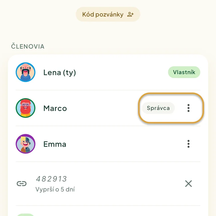 Zoznam členov na obrazovke Rodina so štítkami Vlastník a Správca. Zakrúžkovaný je štítok Správca a tlačidlo ⋮ vedľa Marca.