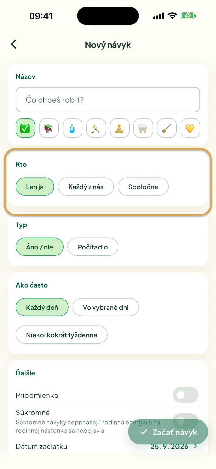 Formulár nového návyku. Zakrúžkované sú možnosti v časti Kto: Len ja, Každý z nás a Spoločne.