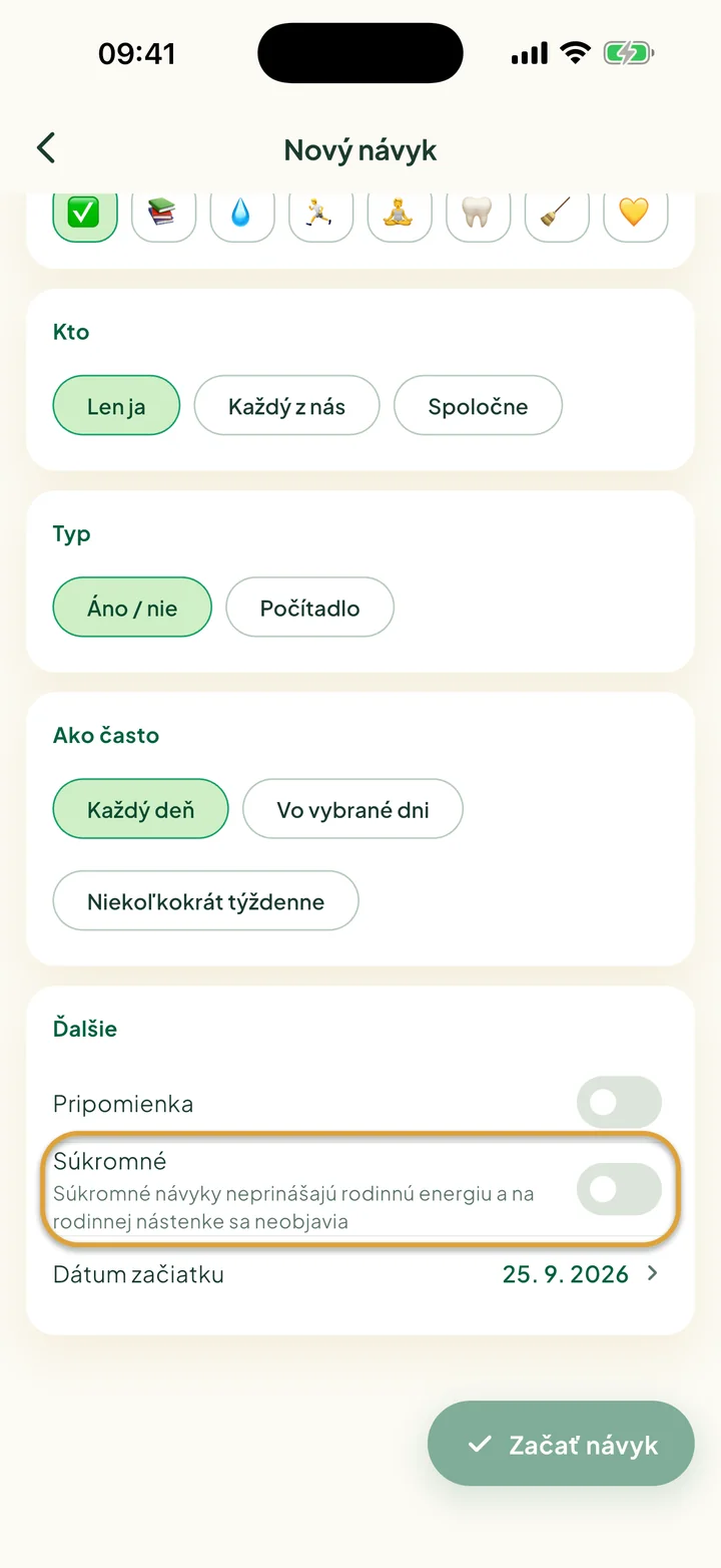 Časť Ďalšie vo formulári nového návyku. Zakrúžkovaný je prepínač Súkromné.