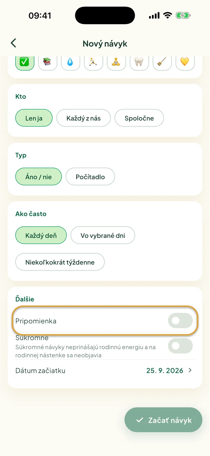 Časť Ďalšie vo formulári nového návyku. Zakrúžkovaný je prepínač Pripomienka.