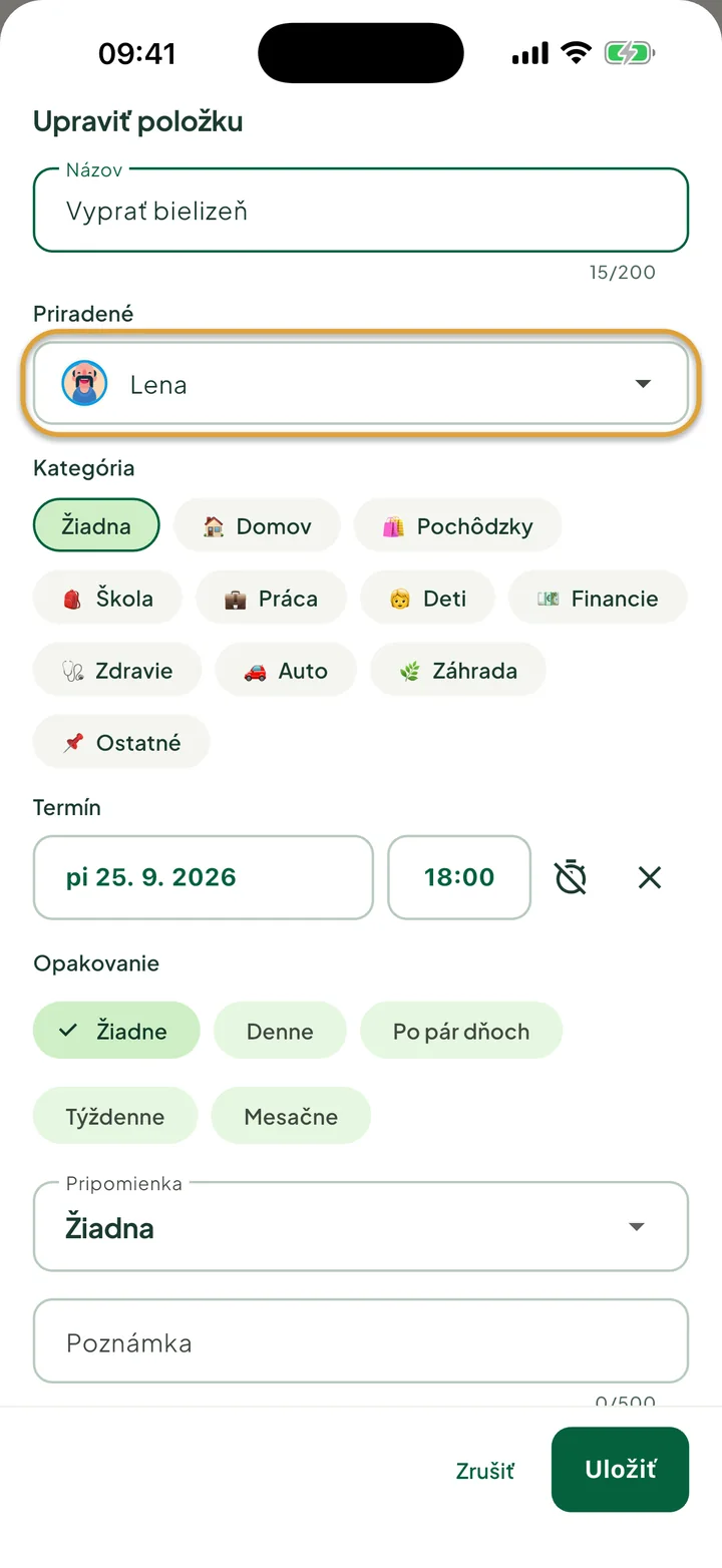 Panel úpravy položky pre úlohu. Zakrúžkované je pole Priradené s menom Lena.