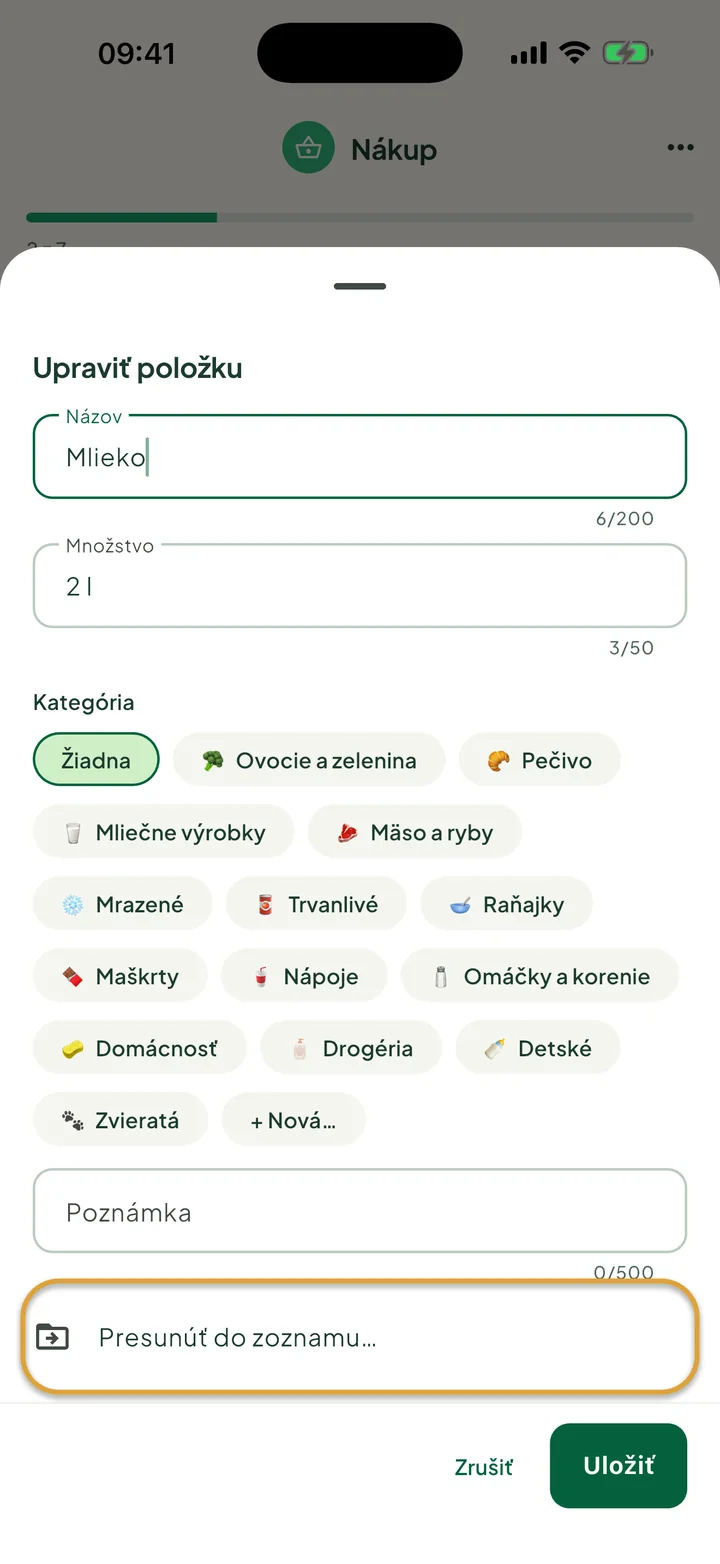 Panel úpravy položky Mlieko. Zakrúžkovaný je riadok Presunúť do zoznamu….