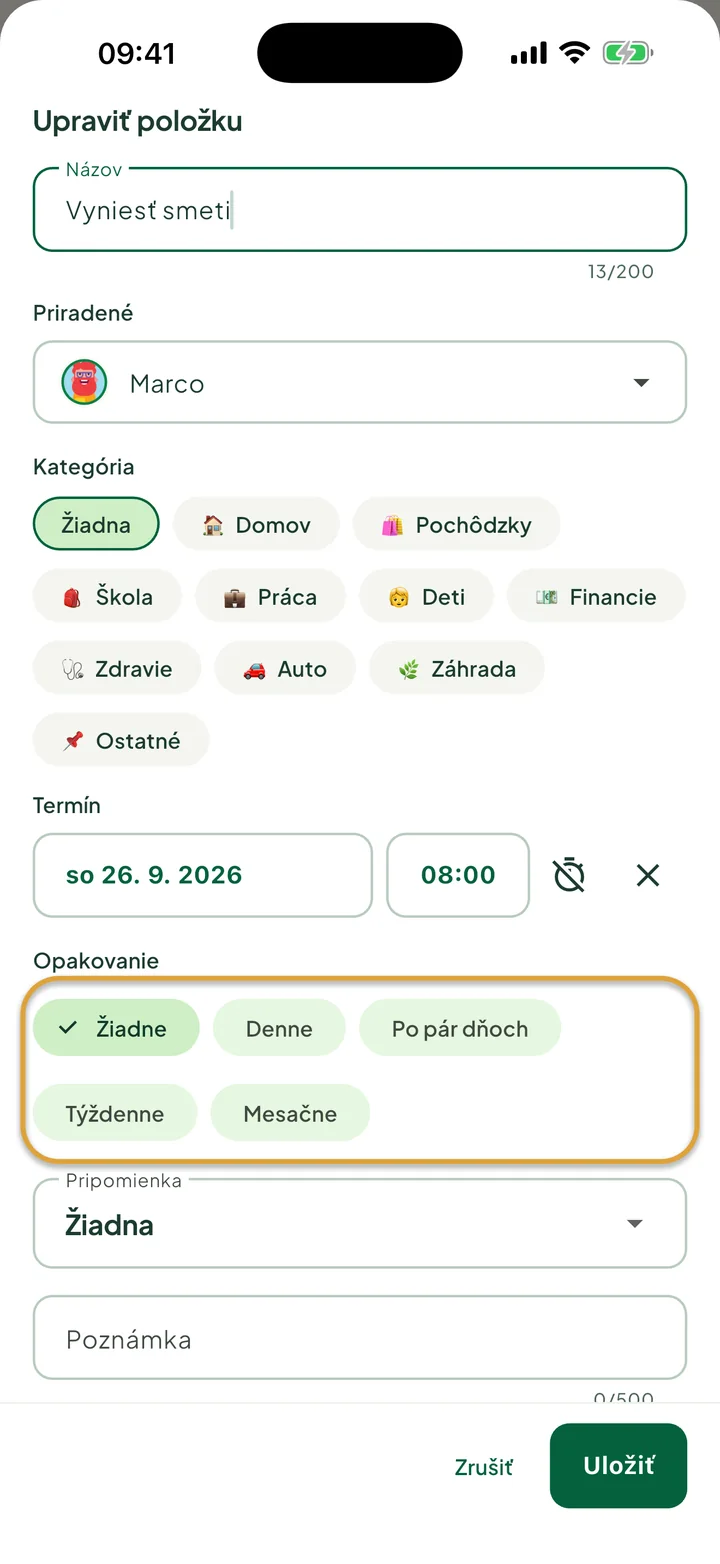 Panel úpravy položky pre úlohu. Zakrúžkované sú možnosti opakovania Žiadne, Denne, Po pár dňoch, Týždenne a Mesačne.