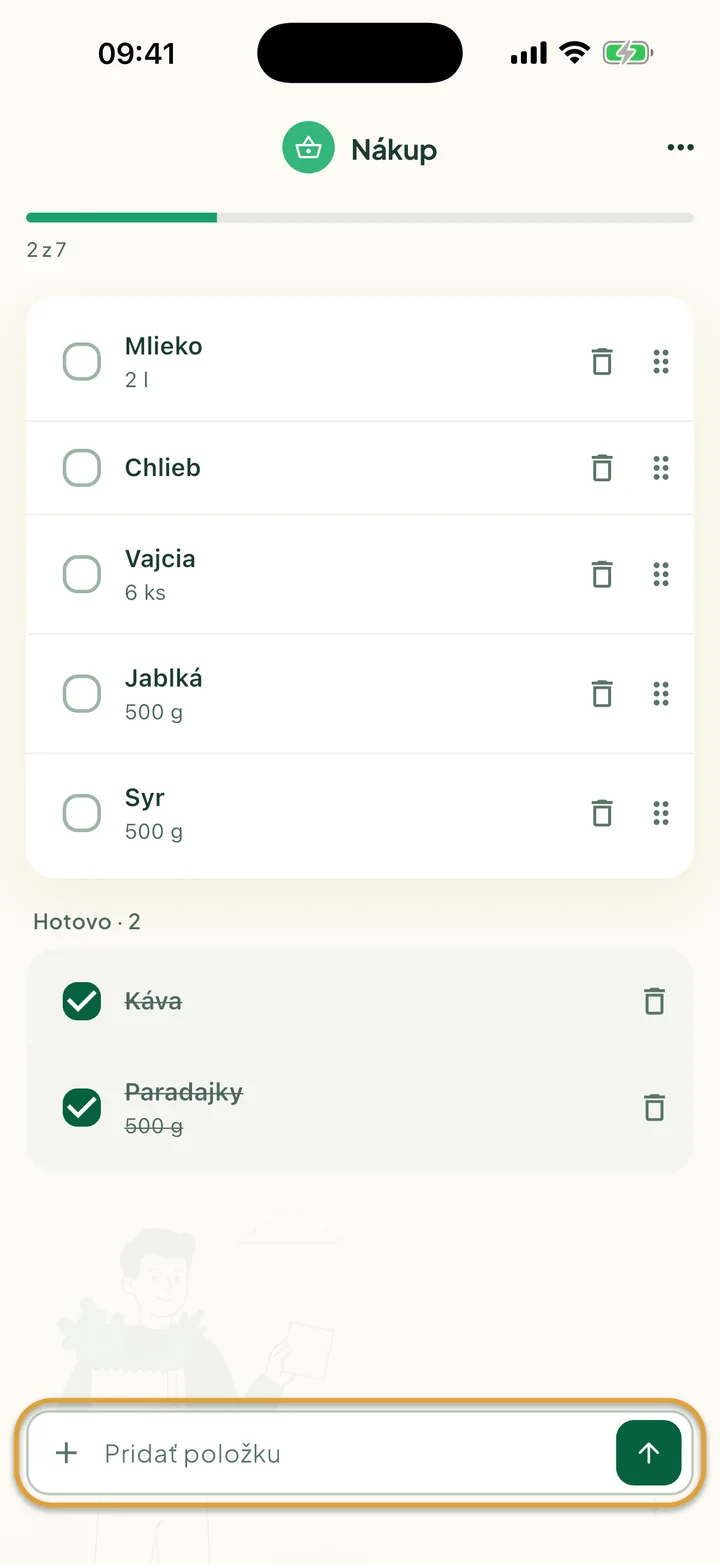 Zoznam Nákup s otvorenými položkami a dvoma odškrtnutými v časti Hotovo. Zakrúžkované je pole Pridať položku dole.