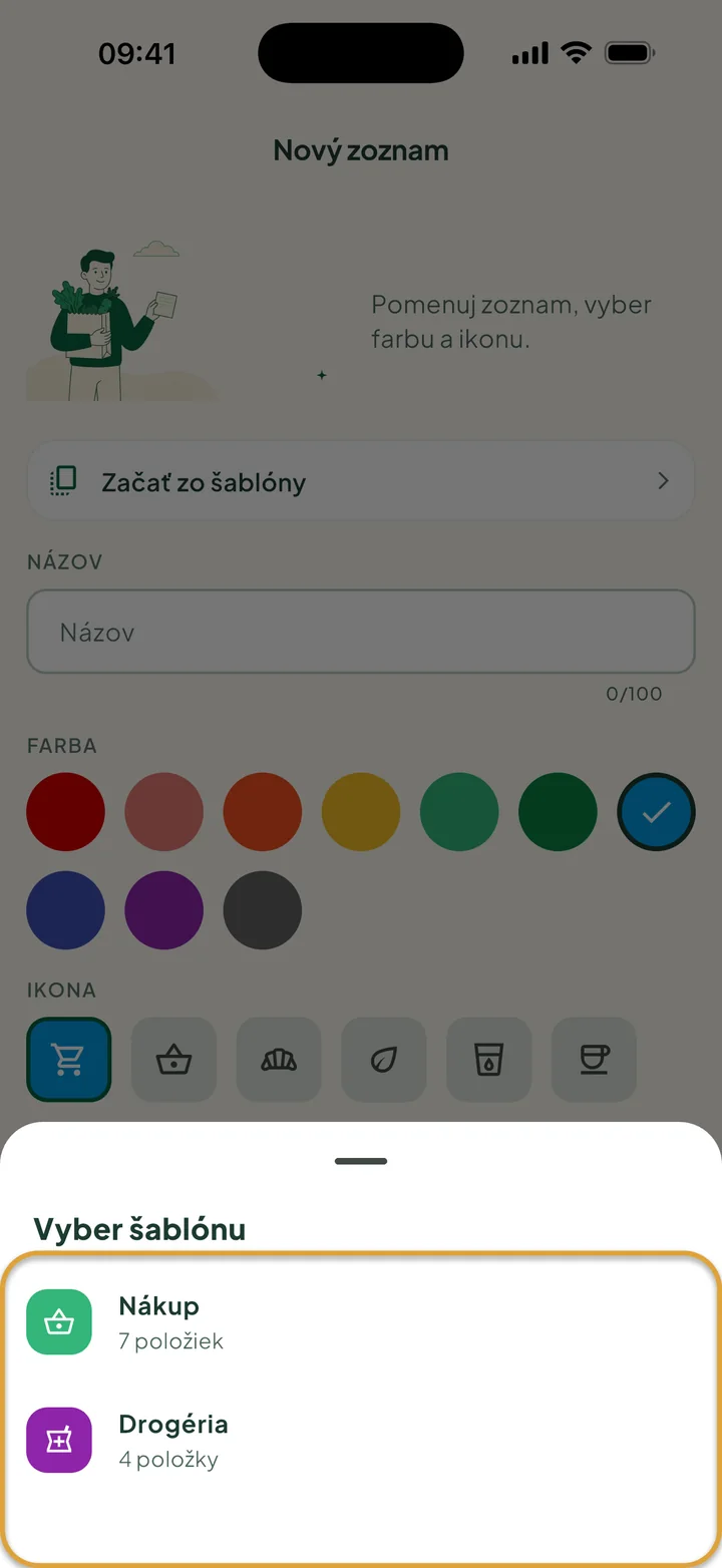 Obrazovka Nový zoznam s otvoreným Vyber šablónu a dvoma šablónami. Zakrúžkovaný je zoznam šablón.