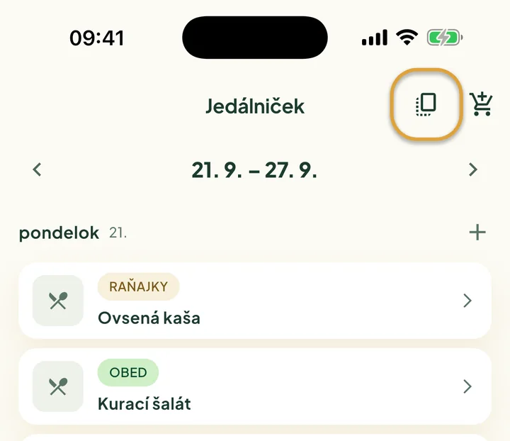 Horná časť obrazovky Jedálniček. Zakrúžkované je tlačidlo kopírovania vedľa nákupného košíka.