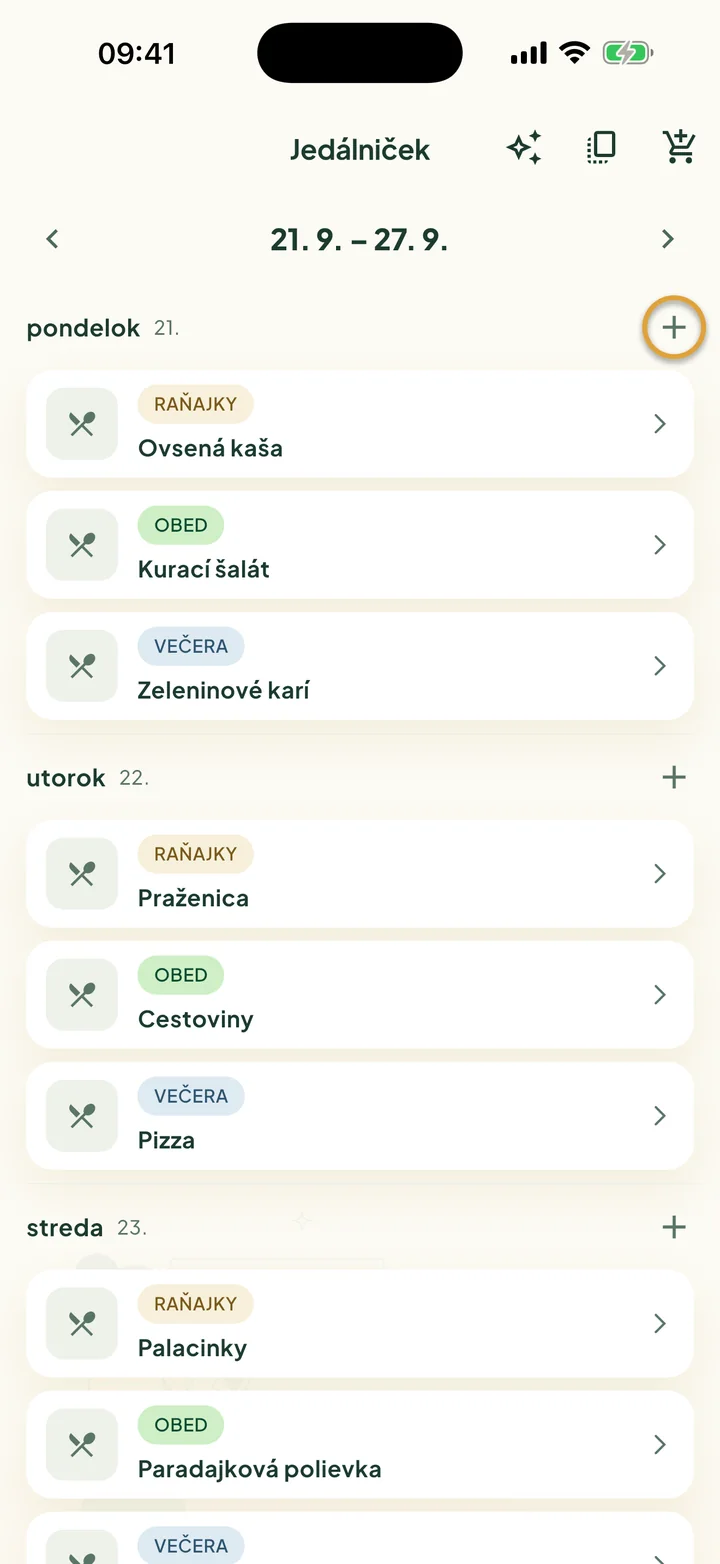 Jedálniček na jeden týždeň. Zakrúžkované je + vedľa pondelka.