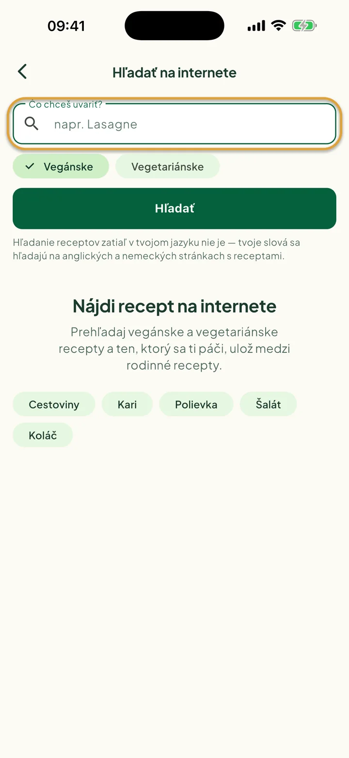 Obrazovka Hľadať na internete. Zakrúžkované je pole Čo chceš uvariť?.
