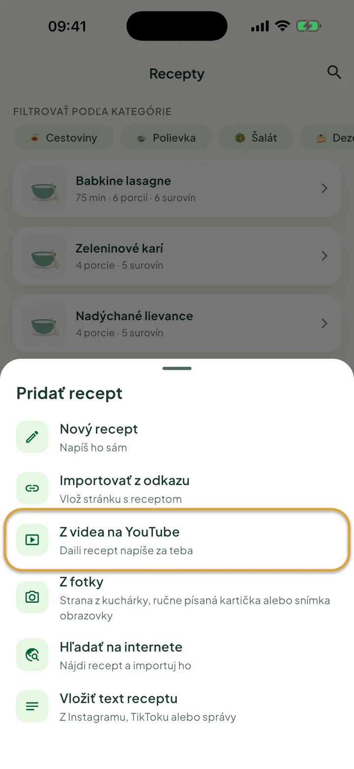 Obrazovka Recepty s otvorenou ponukou +. Zakrúžkované je Z videa na YouTube.