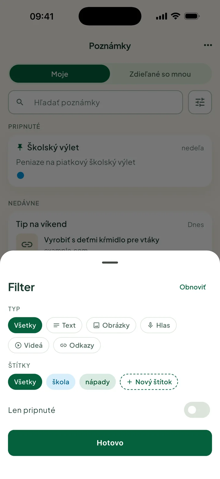 Panel Filter: Typ, Štítky s možnosťou Nový štítok a Len pripnuté.