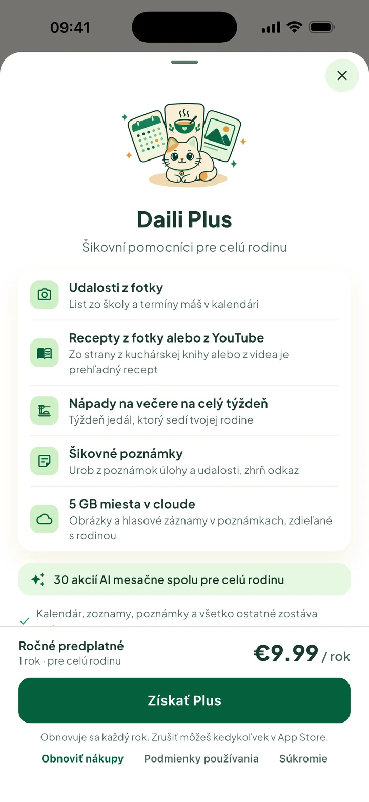 Panel Daili Plus: čo získaš, ročná cena a tlačidlo Získať Plus.