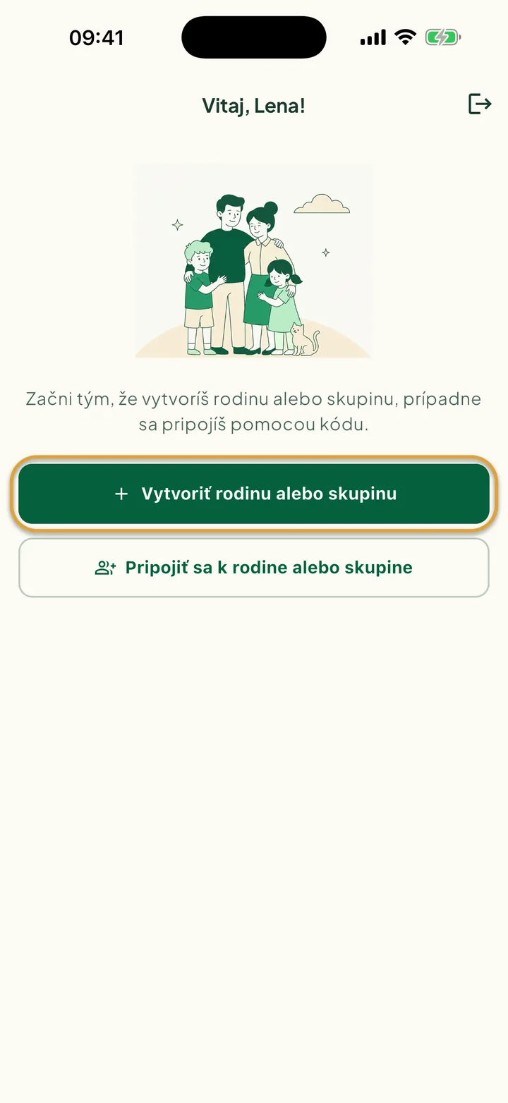 Uvítacia obrazovka pre nových používateľov. Zakrúžkované je tlačidlo Vytvoriť rodinu alebo skupinu.