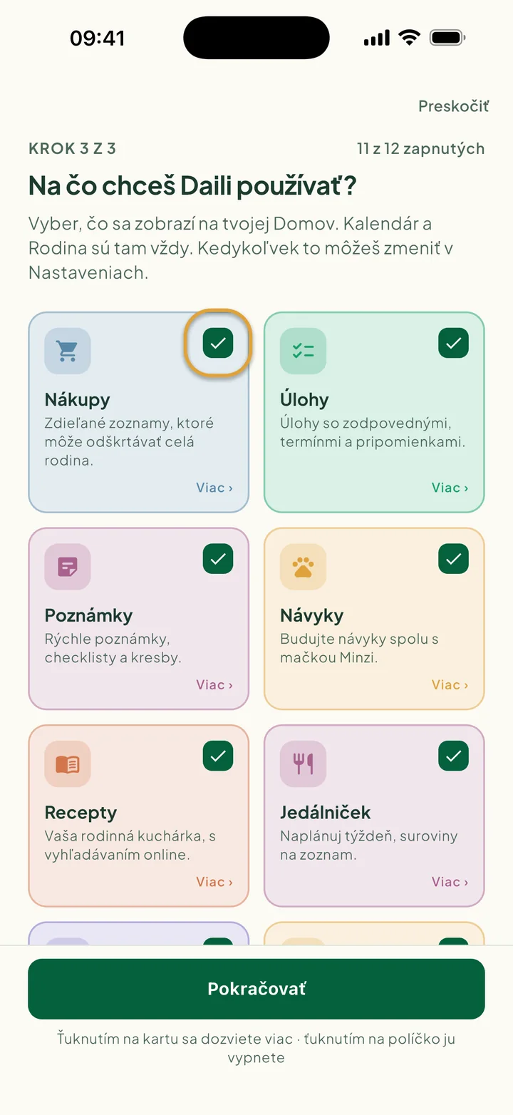 Karty funkcií. Zakrúžkované je políčko na karte Nákupy.