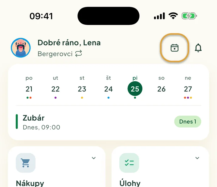 Horná časť domovskej obrazovky. Zakrúžkované je tlačidlo Dnes vedľa zvončeka.