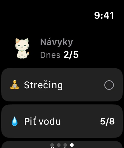 Stránka Návyky na hodinkách: Minzi, dnes 2 z 5 hotové a prvé návyky.
