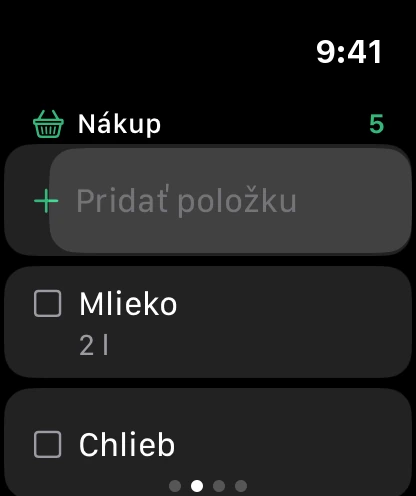 Nákupný zoznam na hodinkách, hore Pridať položku.