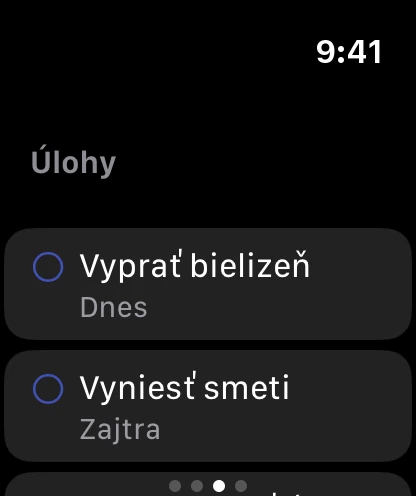 Stránka Úlohy na hodinkách s dvoma otvorenými úlohami na dnes a na zajtra.