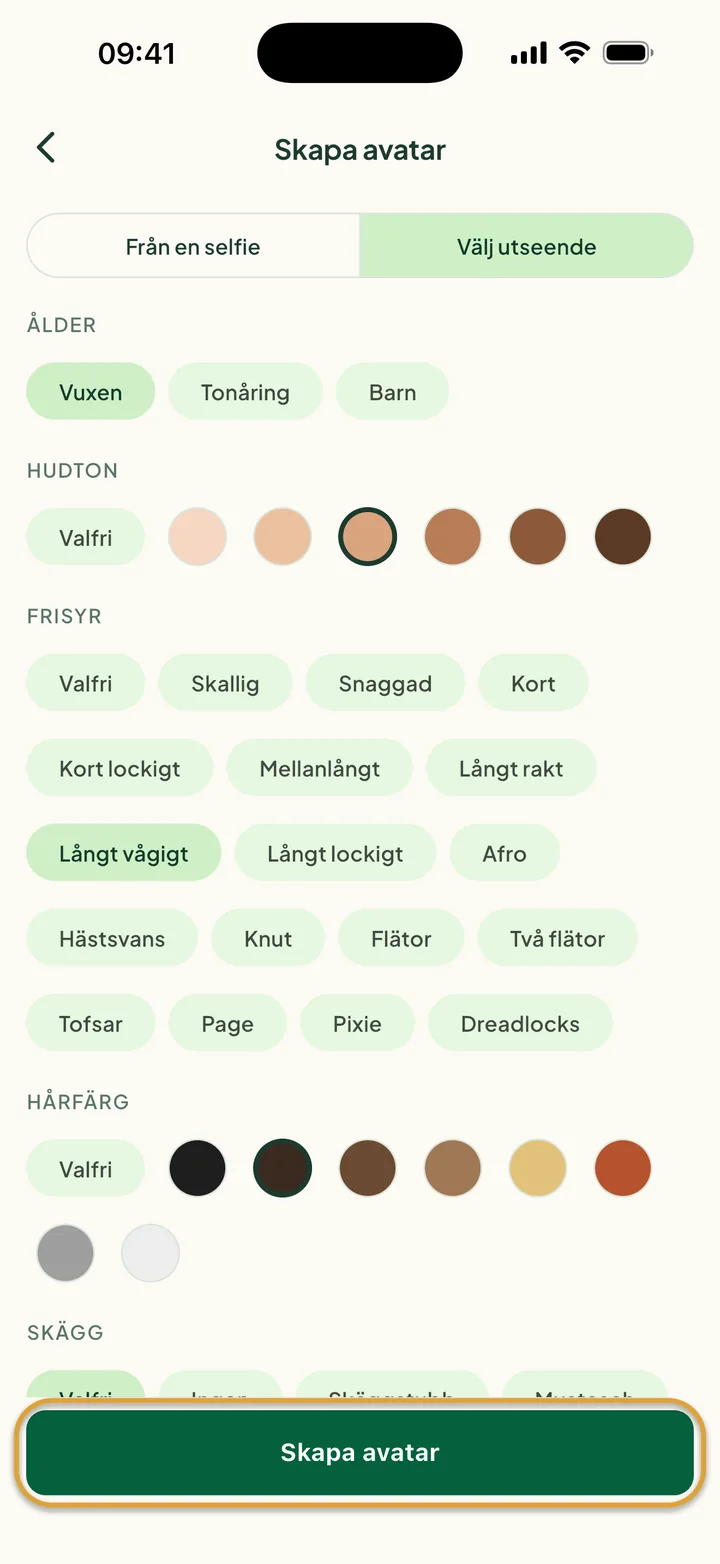 Välj utseende med Vuxen, en hudton samt Långt vågigt och Mörkbrun valt som hår. Skapa avatar är inringat.
