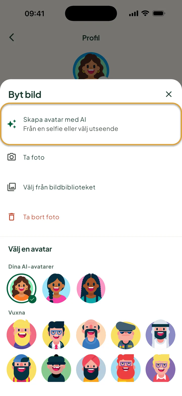 Rutan Byt bild. Skapa avatar med AI är inringat. Under Välj en avatar visar Dina AI-avatarer tre versioner.