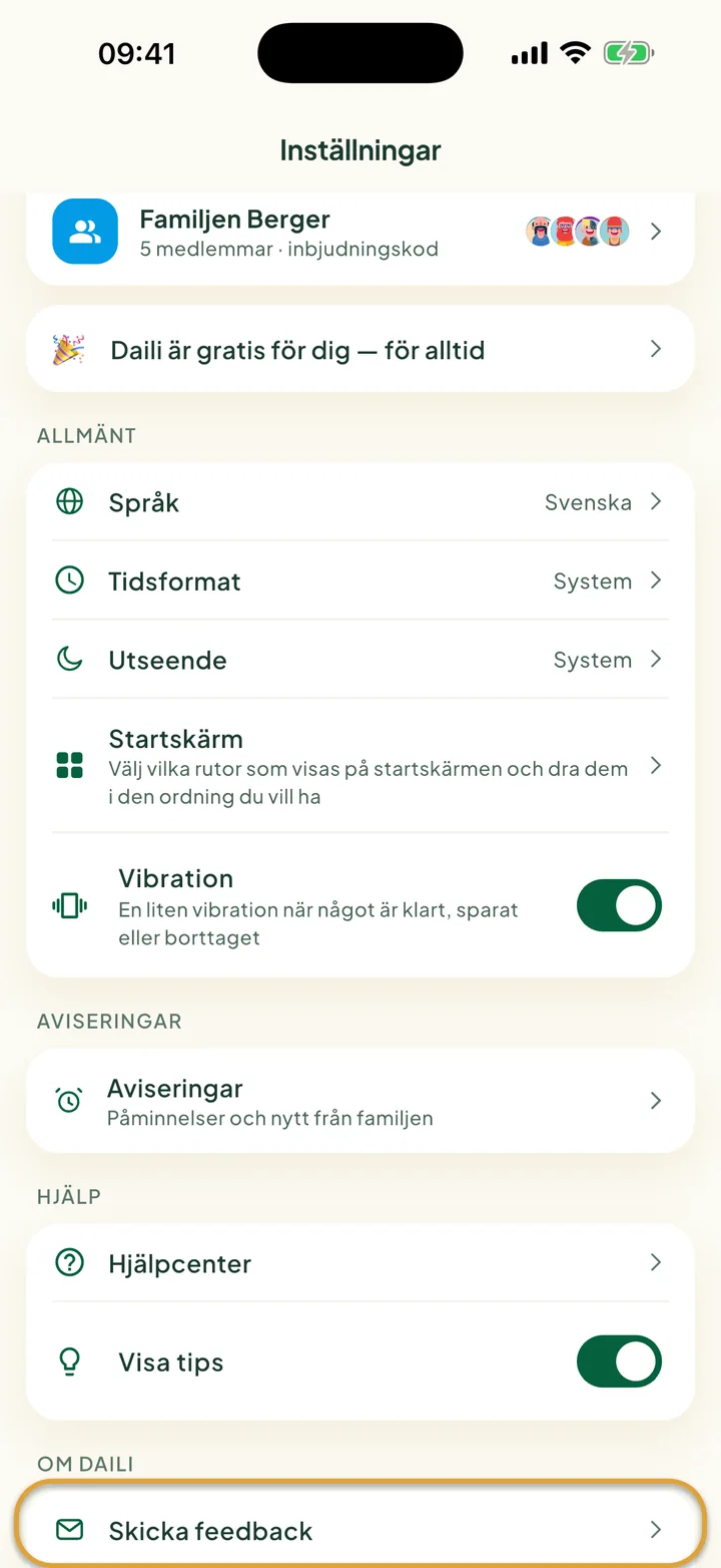 Skärmen Inställningar. Skicka feedback, under Om Daili, är inringat.