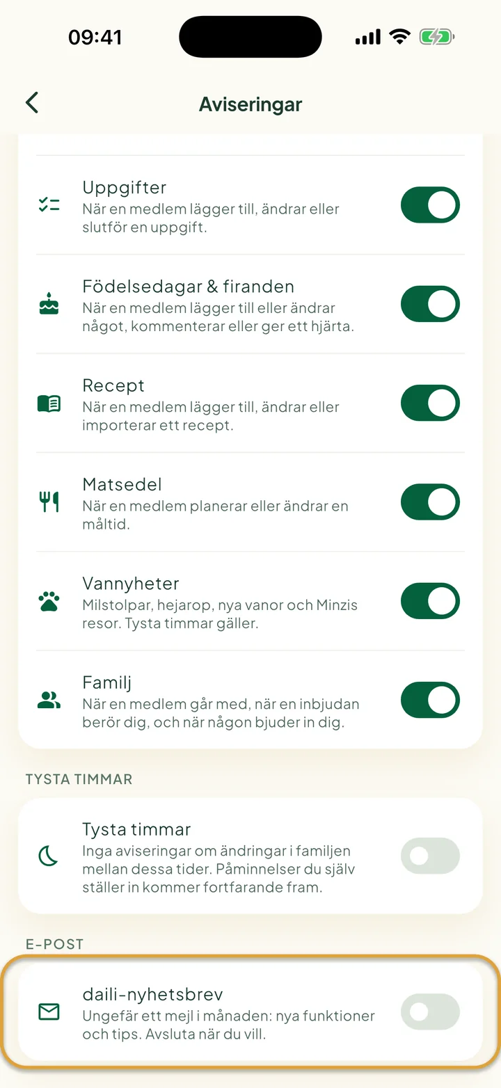 Den nedre delen av skärmen Aviseringar. Reglaget daili-nyhetsbrev, under E-post, är inringat.