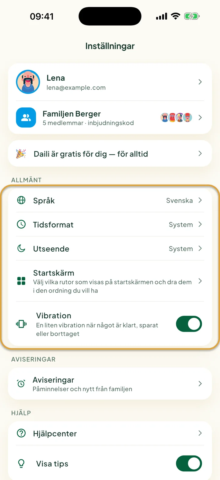 Skärmen Inställningar. Kortet Allmänt med Språk, Tidsformat, Utseende, Startskärm och Vibration är inringat.