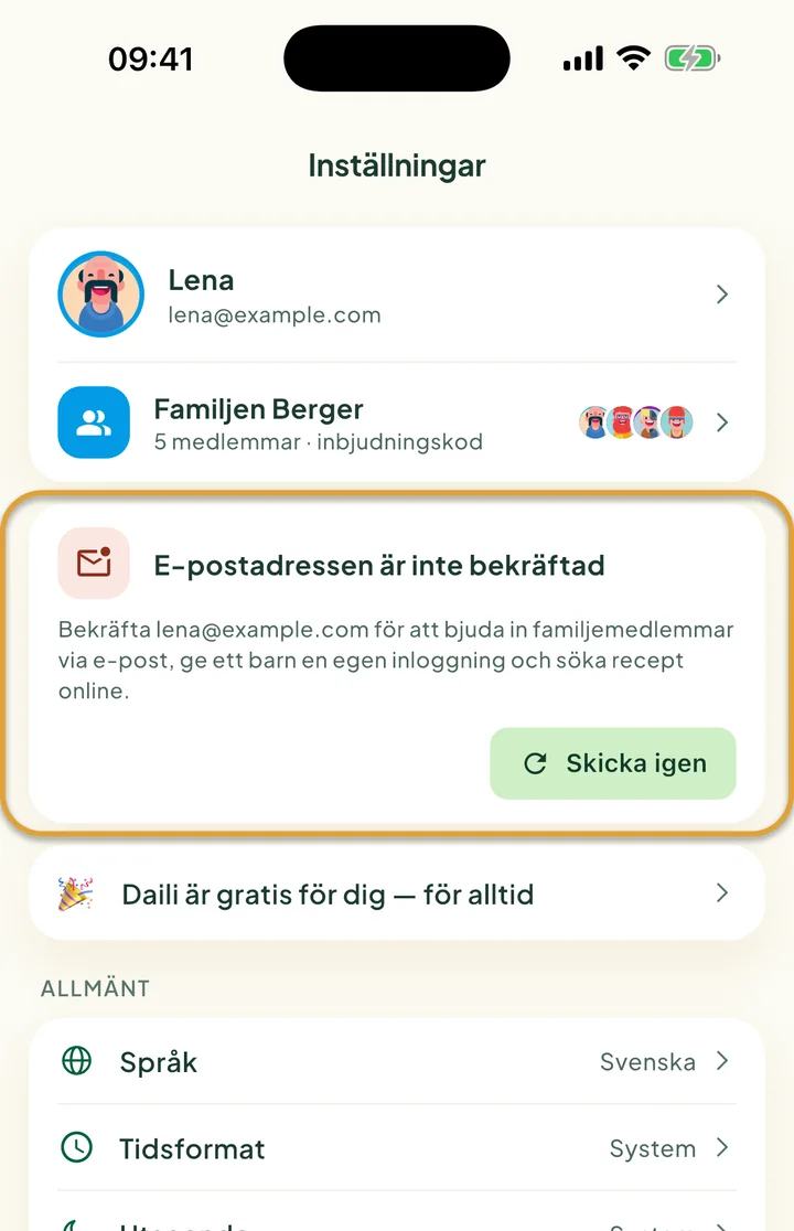 Den övre delen av Inställningar. Kortet E-postadressen är inte bekräftad med knappen Skicka igen är inringat.
