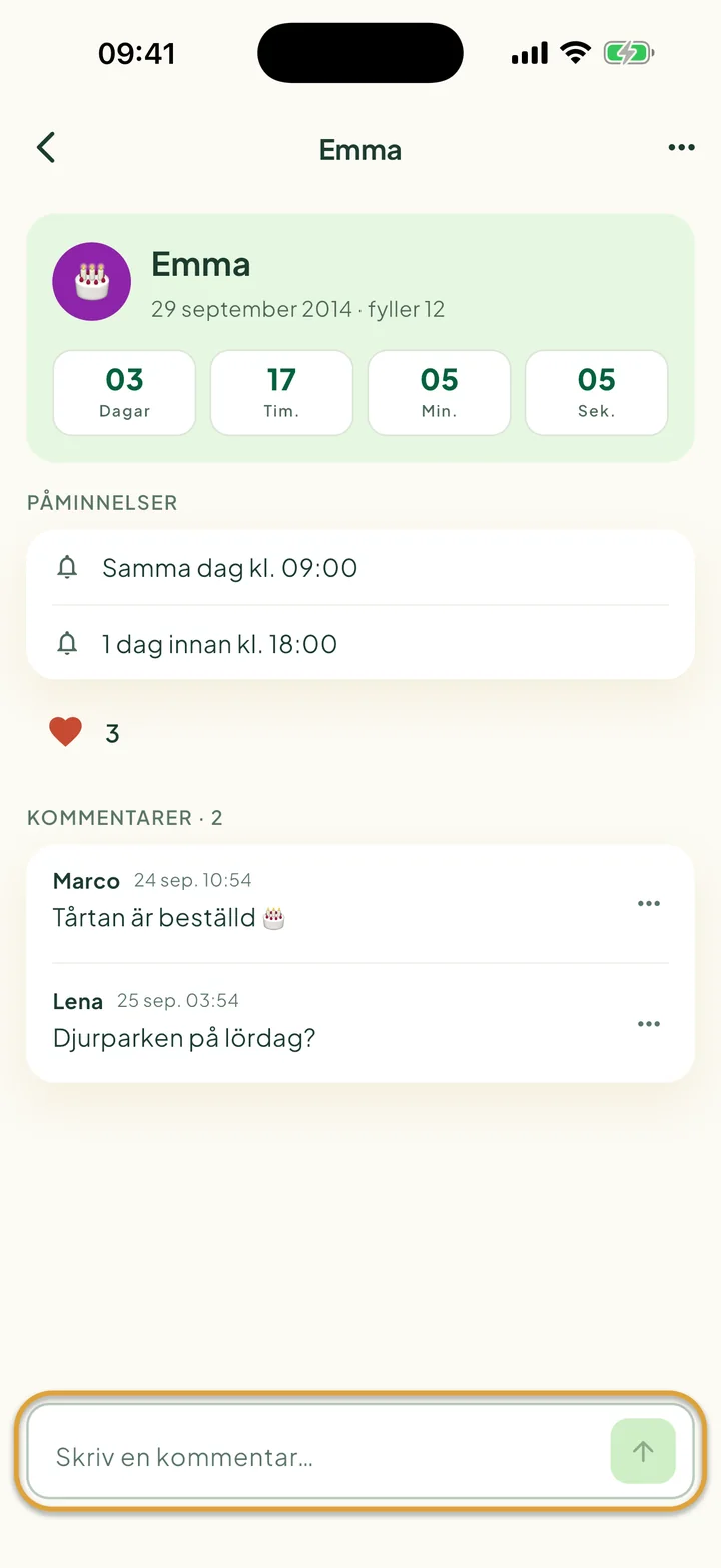 En födelsedag med ett hjärta och två kommentarer. Fältet Skriv en kommentar… längst ned är inringat.