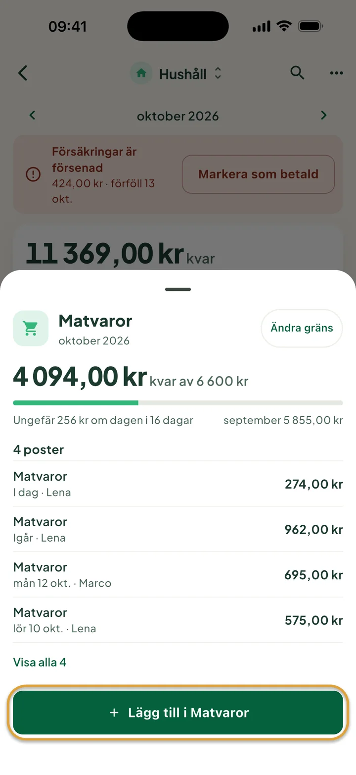 Fönstret Matvaror: 4 094,00 kr kvar av 6 600 kr och fyra poster. Knappen Lägg till i Matvaror är inringad.