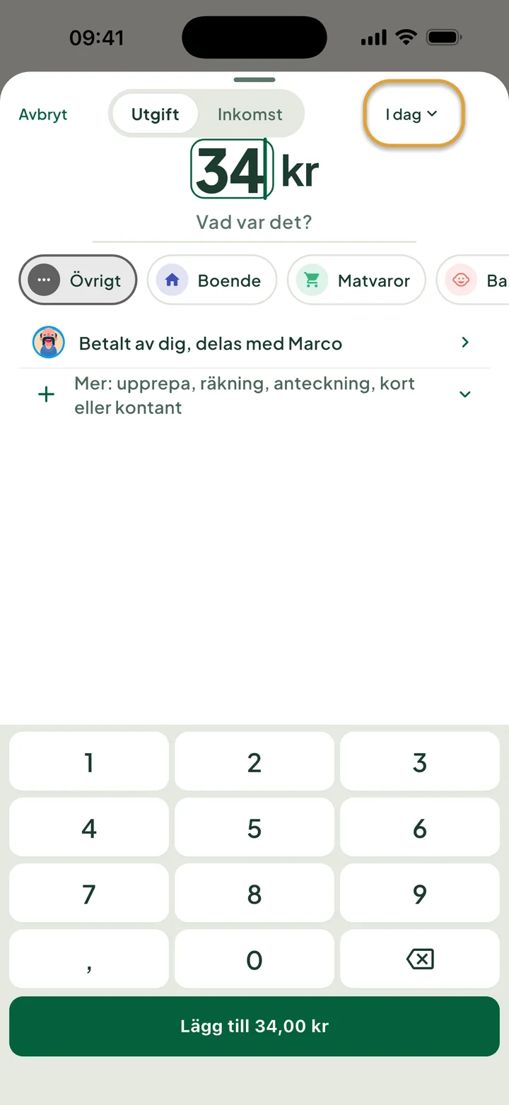 En utgift på 34 kr läggs till med sifferknapparna. Knappen I dag högst upp är inringad.