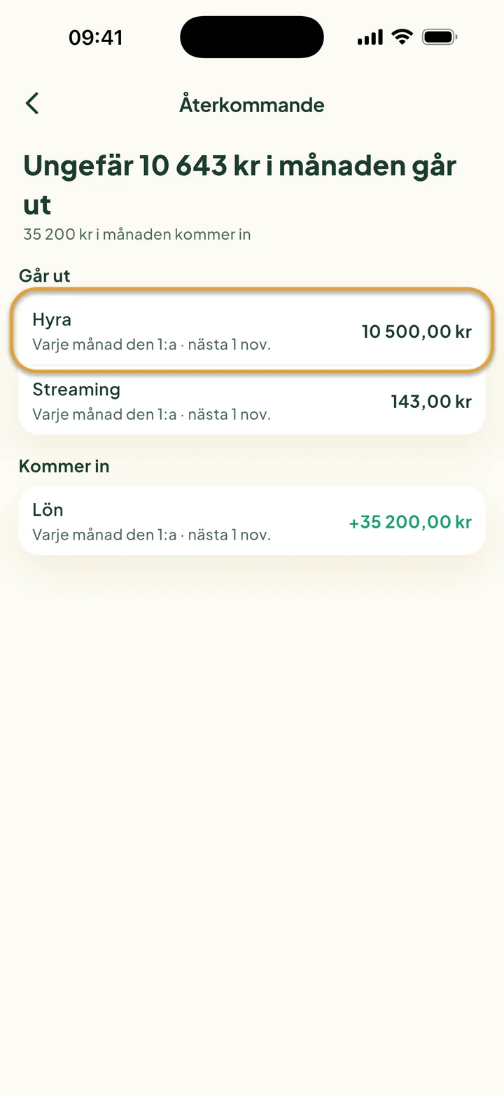 Skärmen Återkommande: ungefär 10 643 kr i månaden går ut, 35 200 kr kommer in. Hyra är inringad.