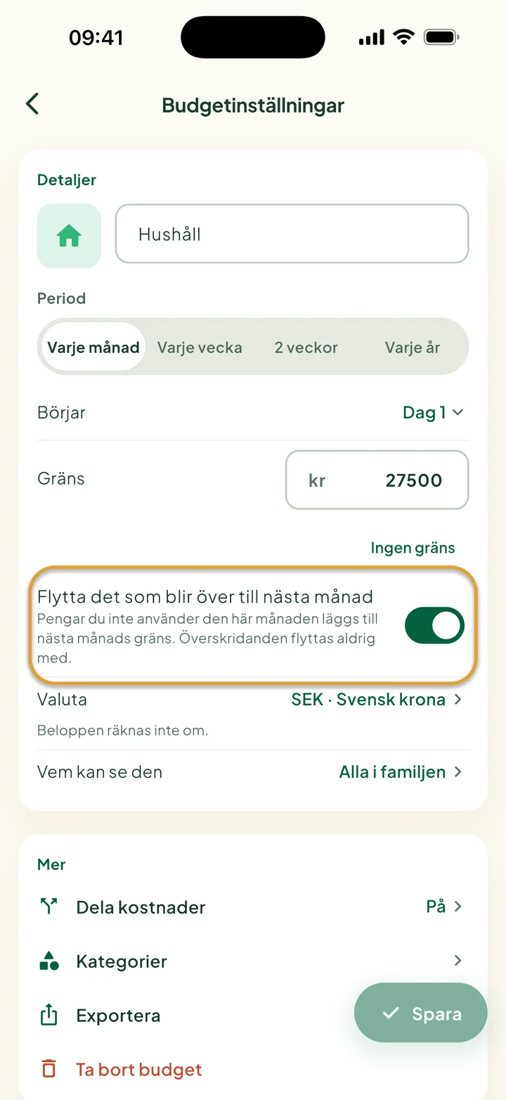 Budgetinställningar med Flytta det som blir över till nästa månad påslaget. Reglaget är inringat.