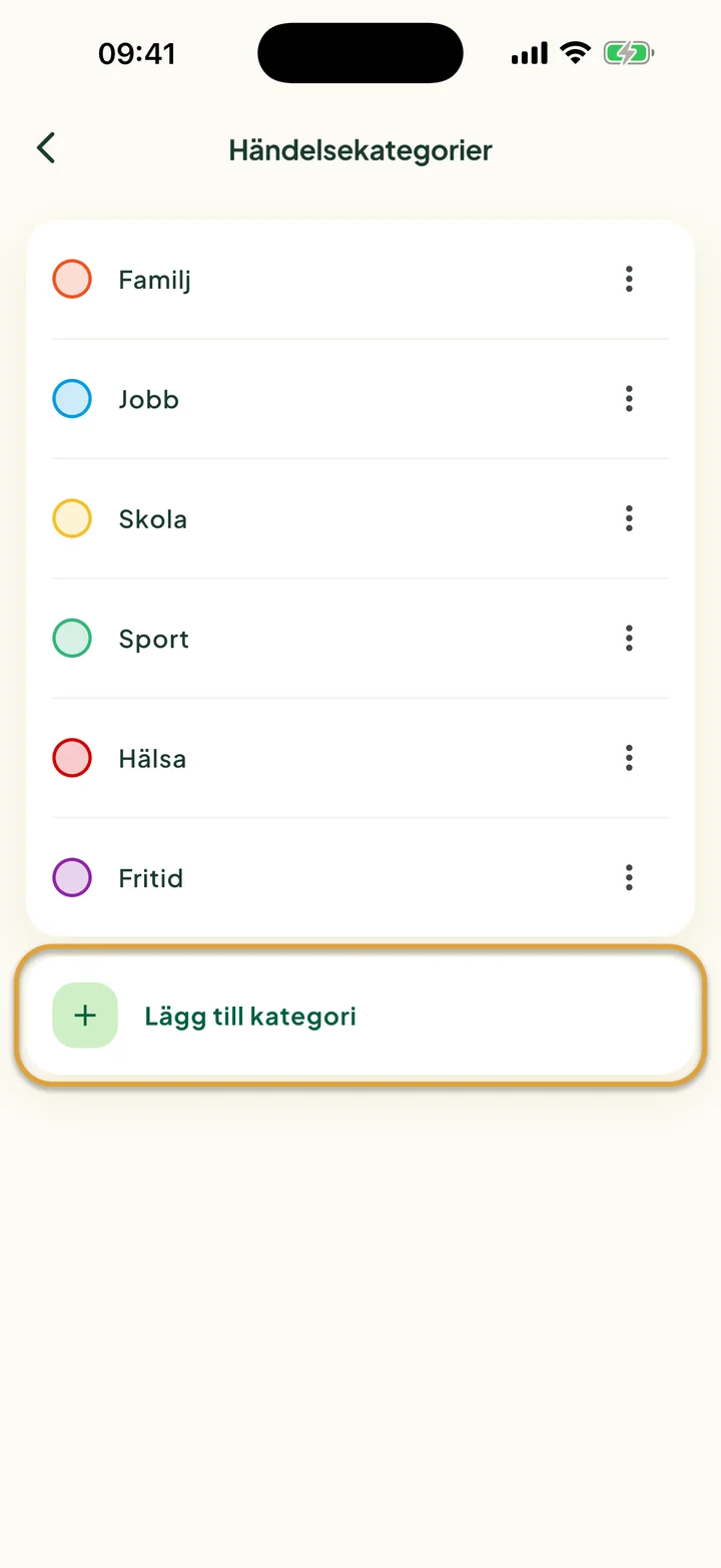 Skärmen Händelsekategorier med sex kategorier. Raden Lägg till kategori är inringad.