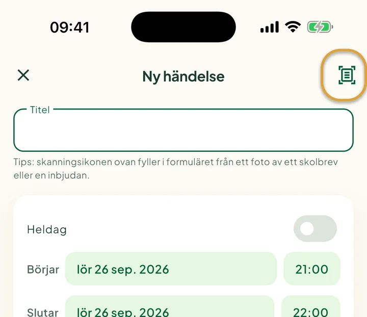Skärmen Ny händelse. Skanningsikonen uppe till höger är inringad.