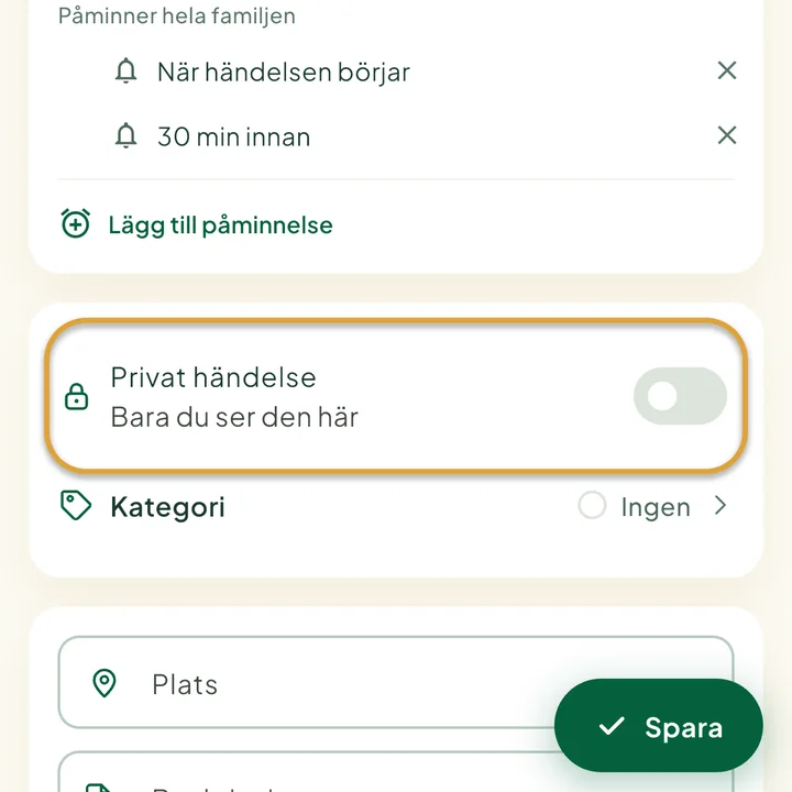 Händelseformuläret. Reglaget Privat händelse är inringat.