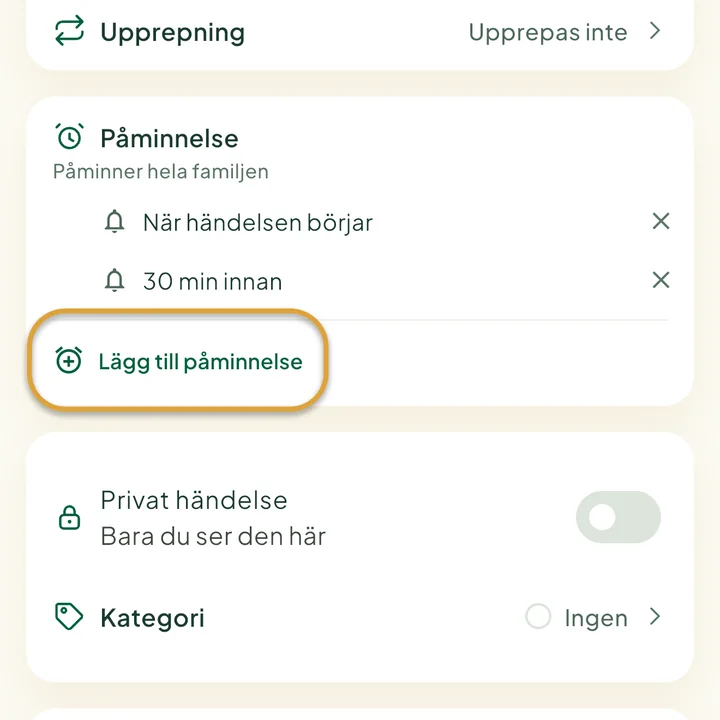 Avsnittet Påminnelse i händelseformuläret med två påminnelser. Knappen Lägg till påminnelse är inringad.
